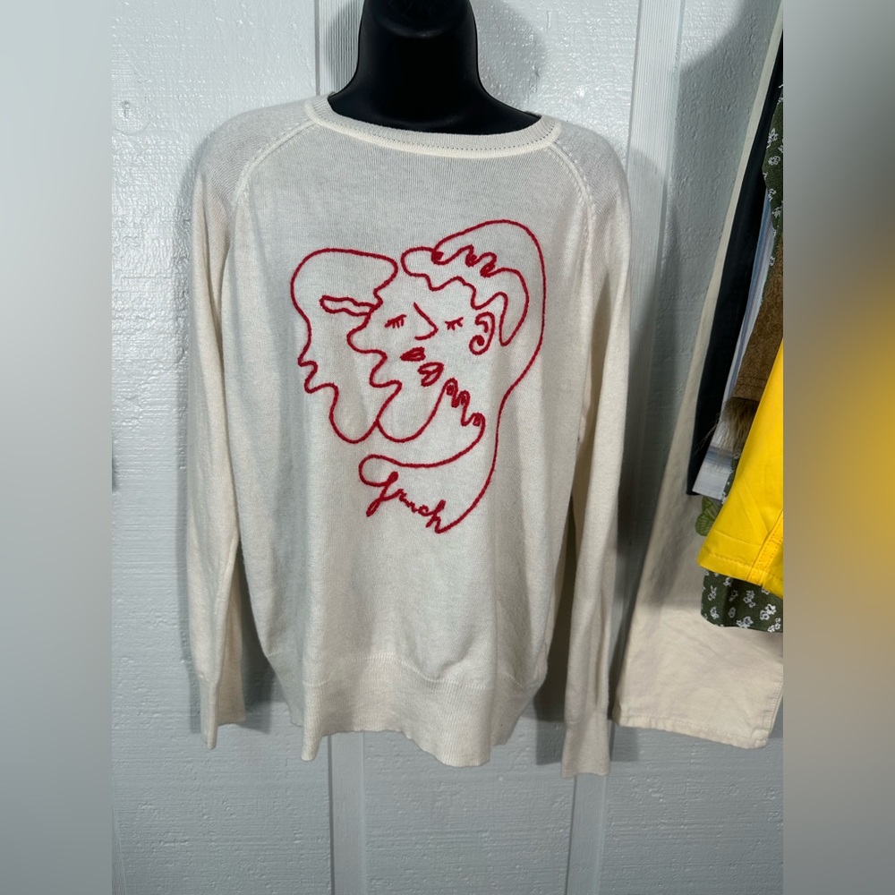 FRNCH Off White Red Embroidered Sweater Size S/M Sweater EUC